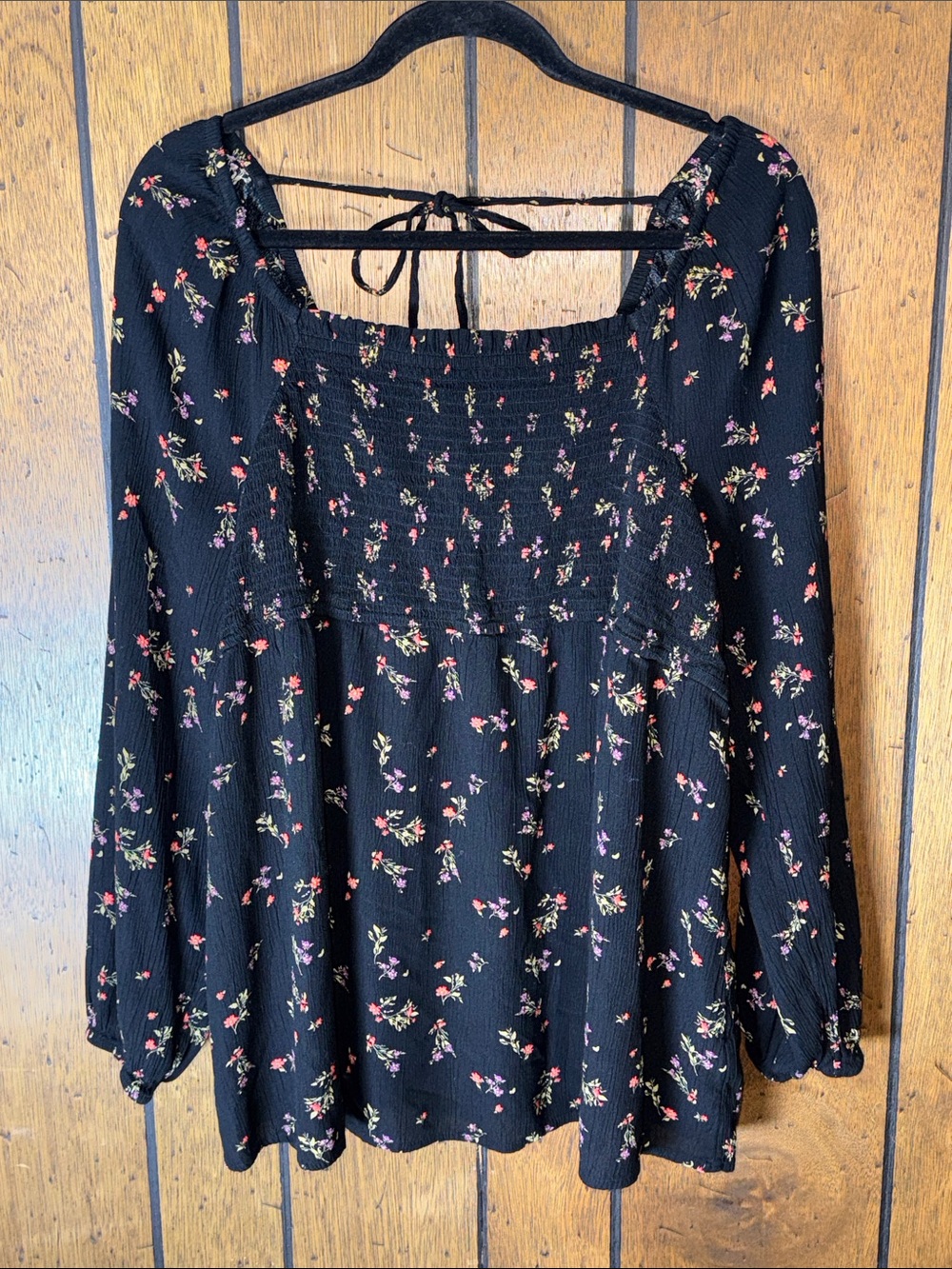 Sonoma Black Floral Smocked Square Neck Long-Sleeve Maternity Top